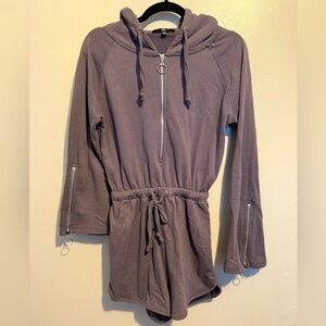 Missguided Charcoal Cotton Long Sleeve Hoodie Romper Zip Up Gathered Waist US 6